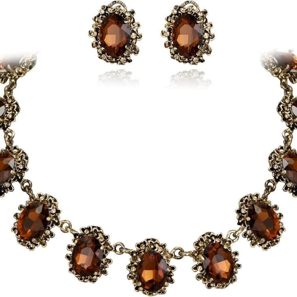Victorian Jewelry Set Crystal Floral Cameo Necklace Earrings Gift Box for Women